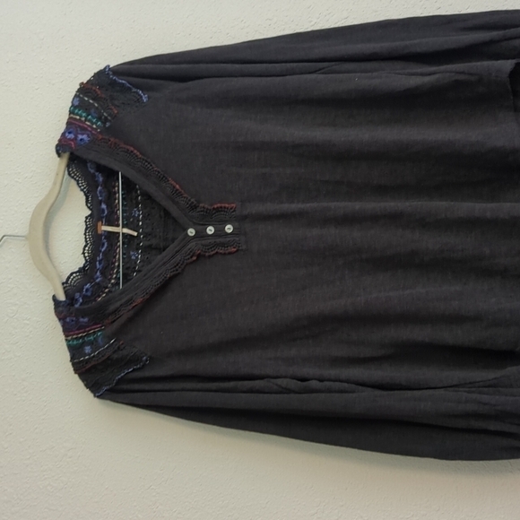 Free People Siesta Fiesta Top In Washed Black Tunic Boho Henley Popover - Picture 4 of 12